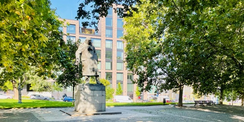 This square in Prague's Zizkov district is named after prominent British statesman and writer Winston Churchill, and is located in close proximity to Prague Main Railway Station and Vitkov Hill, in front of the Old School of Economics.